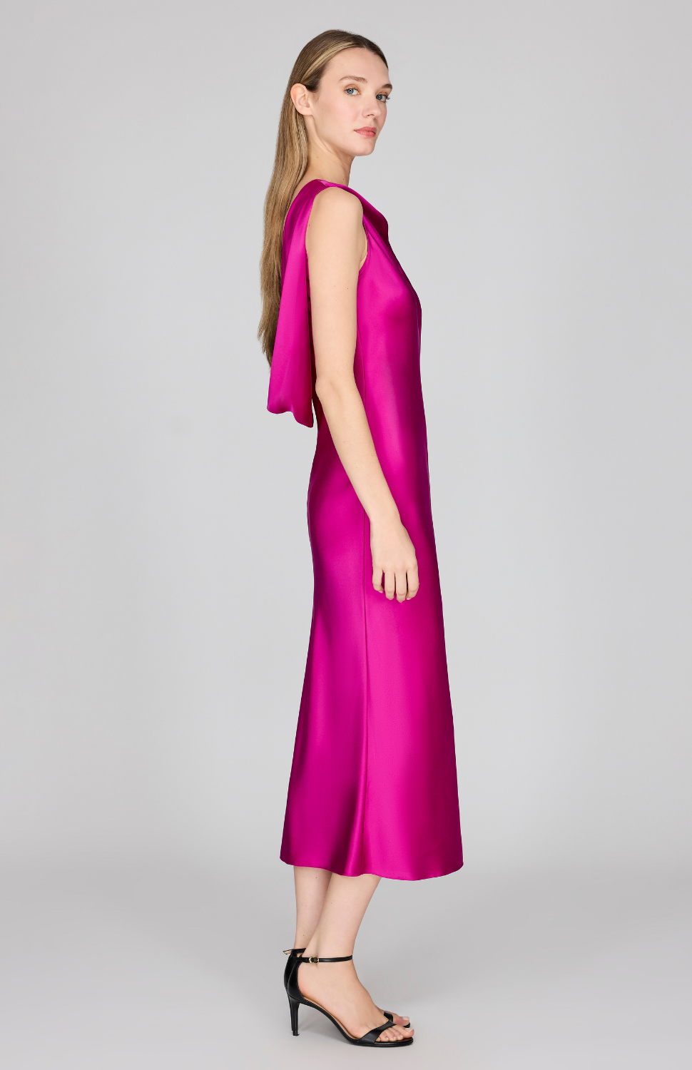 Satin Drape Back Bias Dress