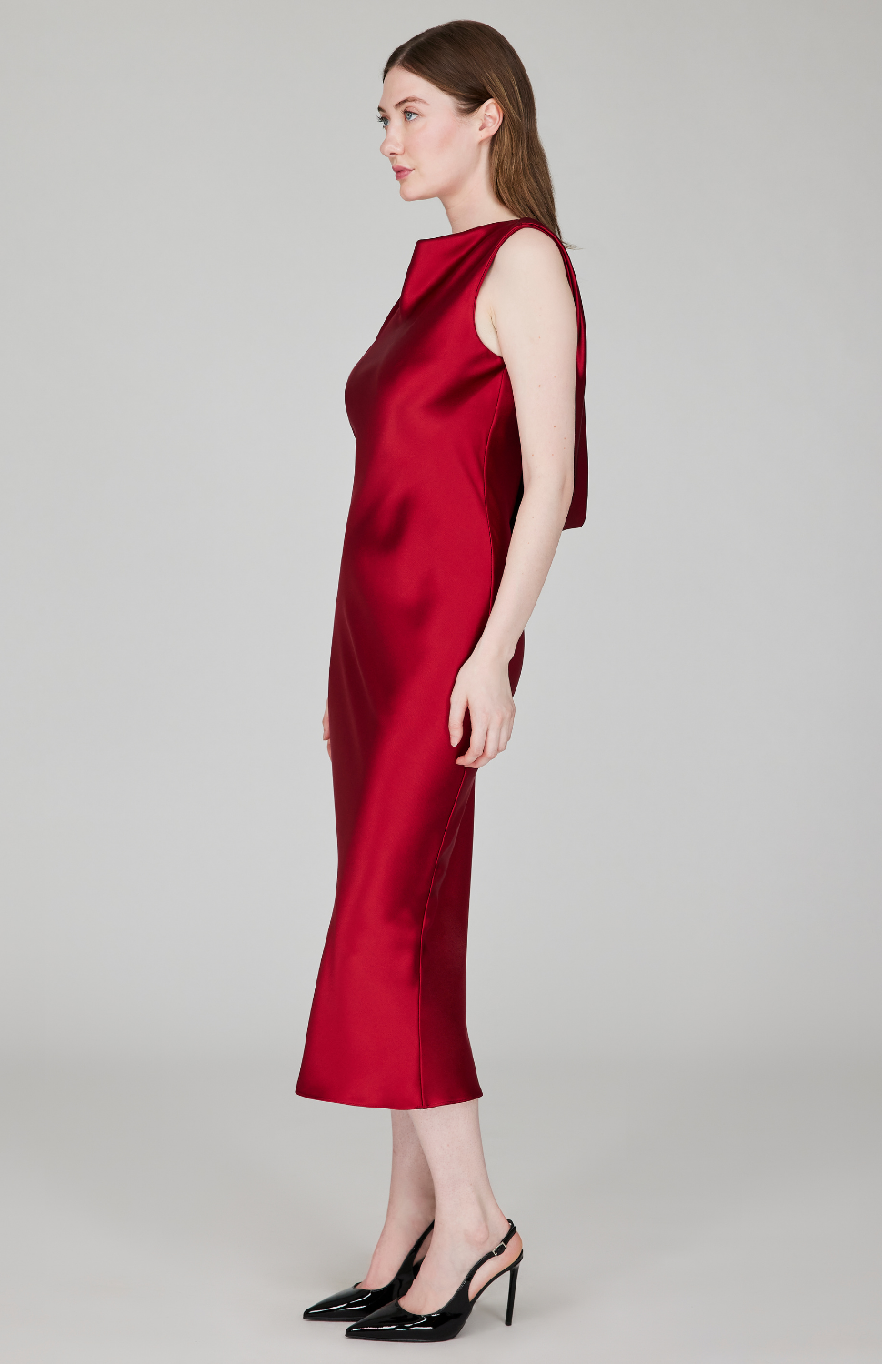 Satin Drape Back Bias Dress