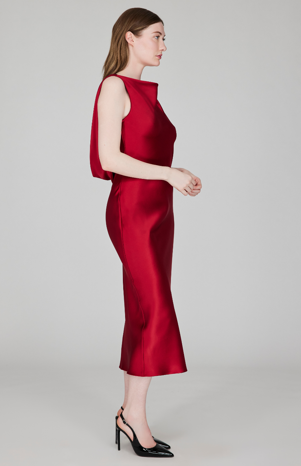 Satin Drape Back Bias Dress