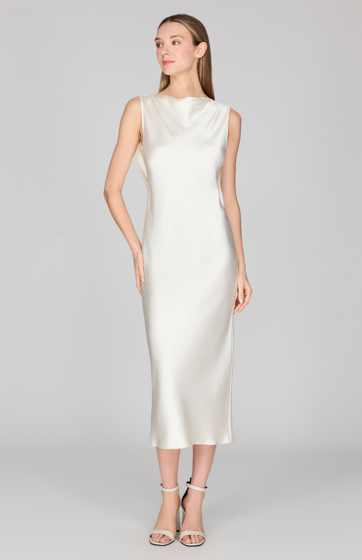 Satin Drape Back Bias Dress
