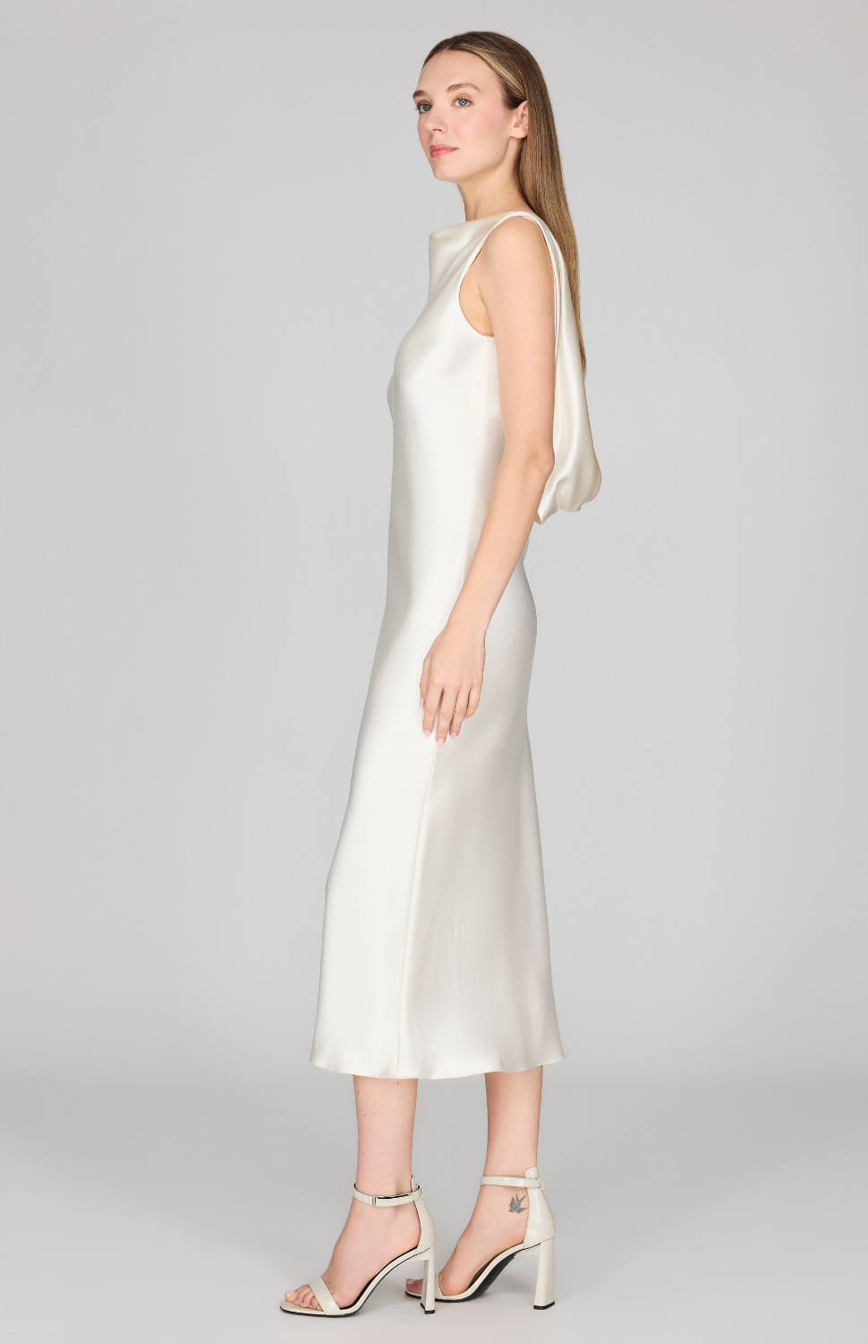 Satin Drape Back Bias Dress