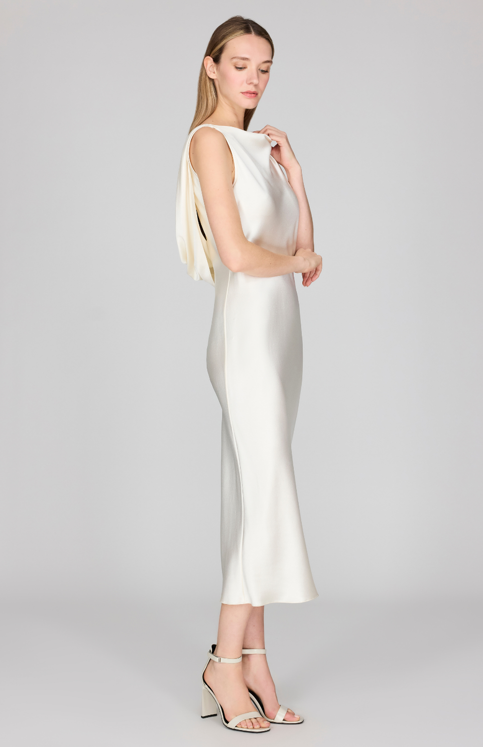 Satin Drape Back Bias Dress