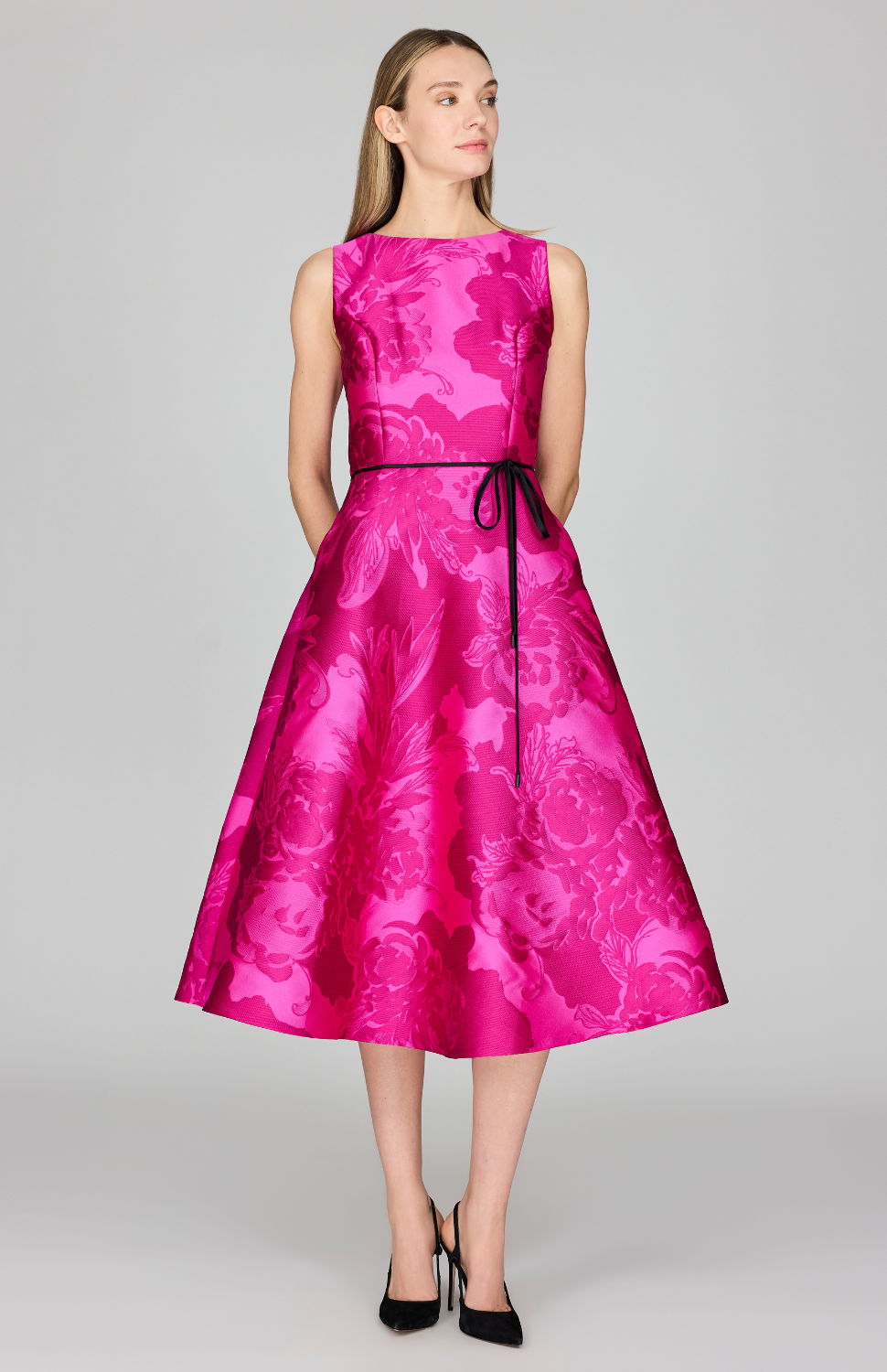 Tonal Flora Jacquard Sleeveless Fit & Flare Dress 8 / Cerise VN Tonal Flora Jacquard Sleeveless Fit & Flare Dress 8 / Cerise VN