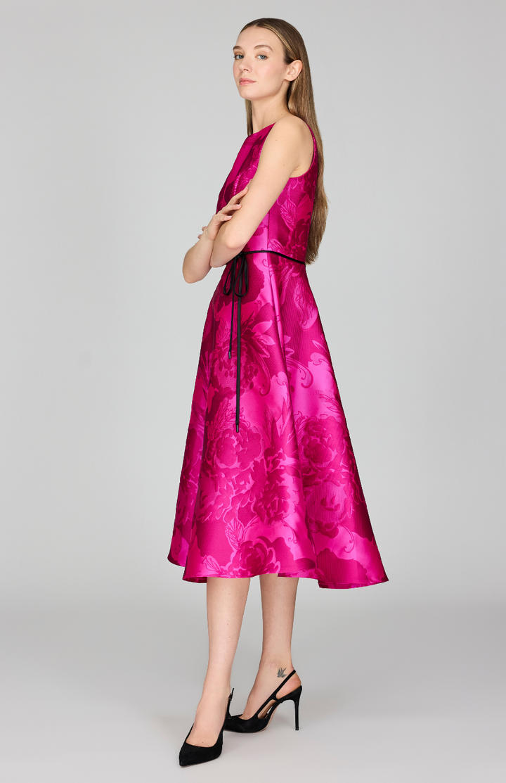 Tonal Flora Jacquard Sleeveless Fit &amp; Flare Dress