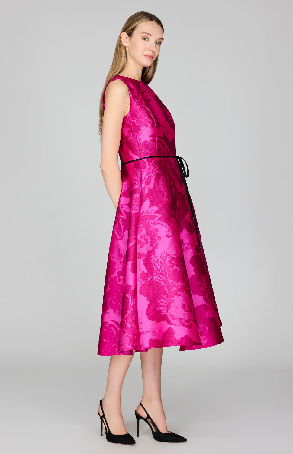 Tonal Flora Jacquard Sleeveless Fit &amp; Flare Dress