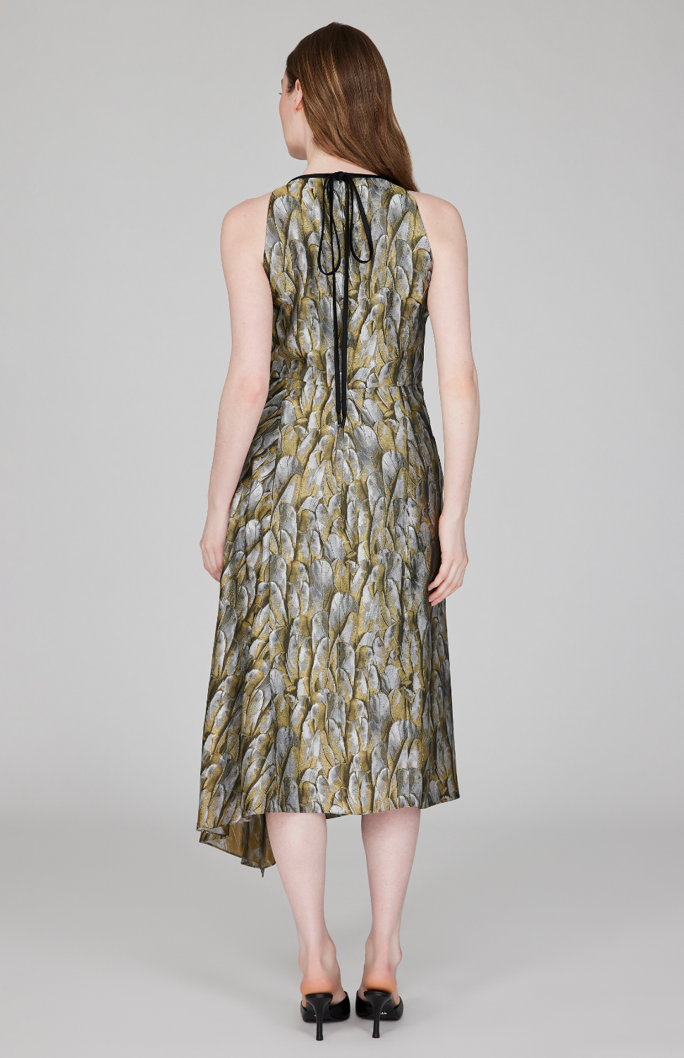 Shimmering Feather Jacquard Asymmetric Fit &amp; Flare Dress