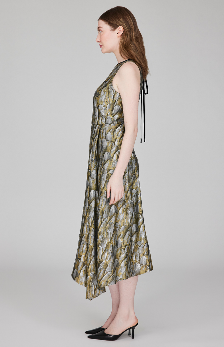 Shimmering Feather Jacquard Asymmetric Fit &amp; Flare Dress