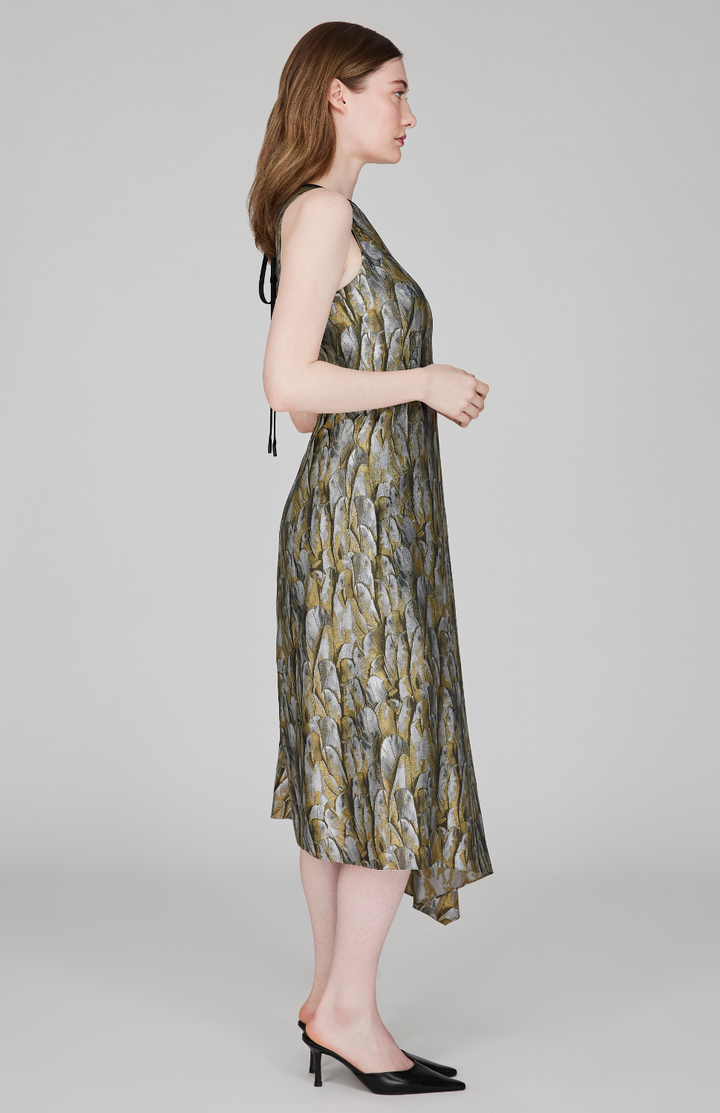 Shimmering Feather Jacquard Asymmetric Fit &amp; Flare Dress