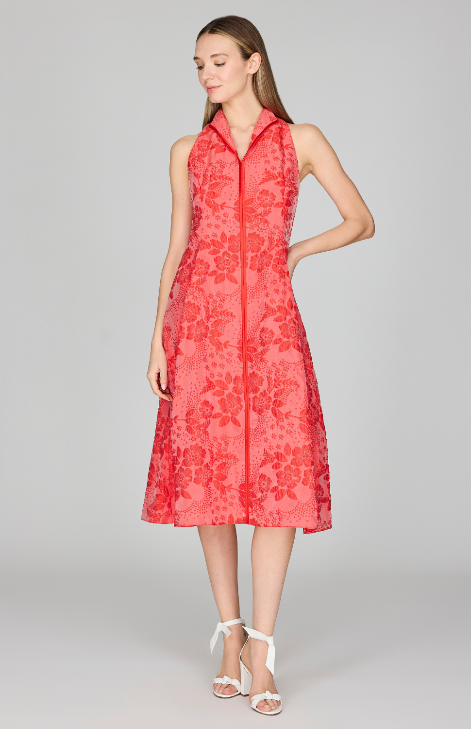 Textural Floral Jacquard High Neck Fit & Flare Dress 2 / Poppy QZ Textural Floral Jacquard High Neck Fit & Flare Dress 2 / Poppy QZ