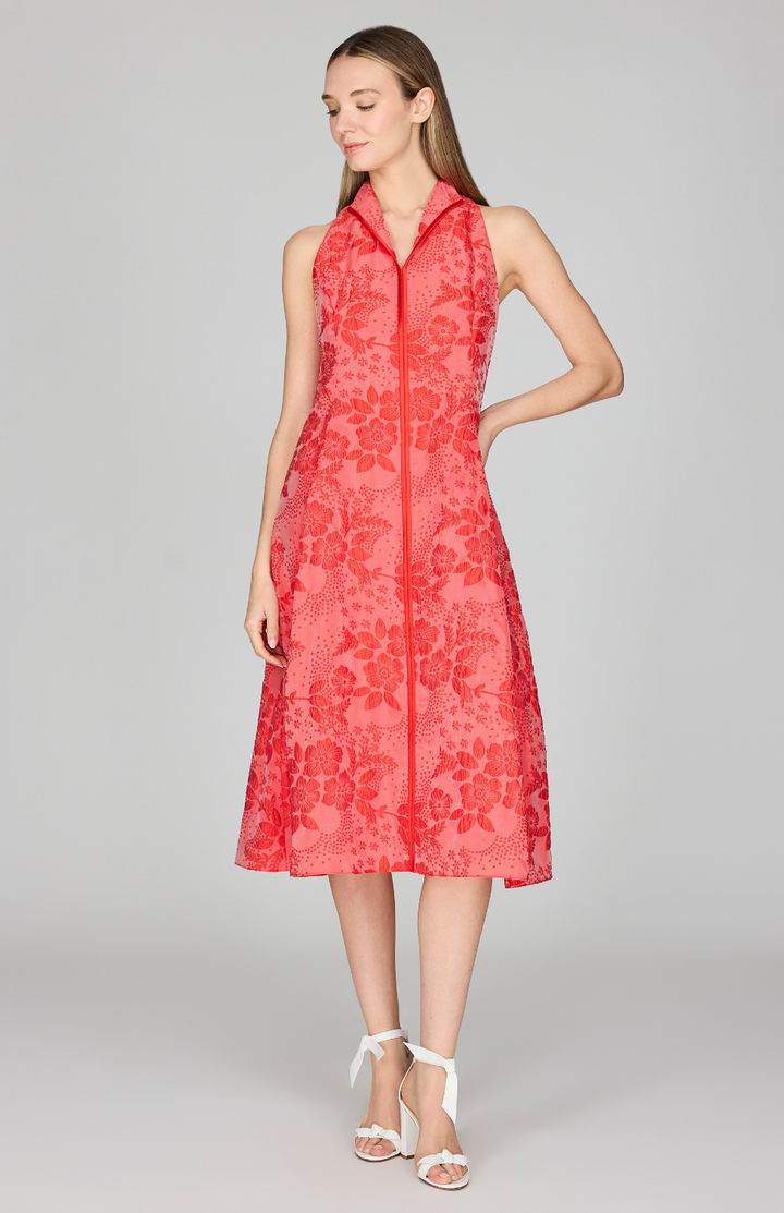 Textural Floral Jacquard High Neck Fit & Flare Dress