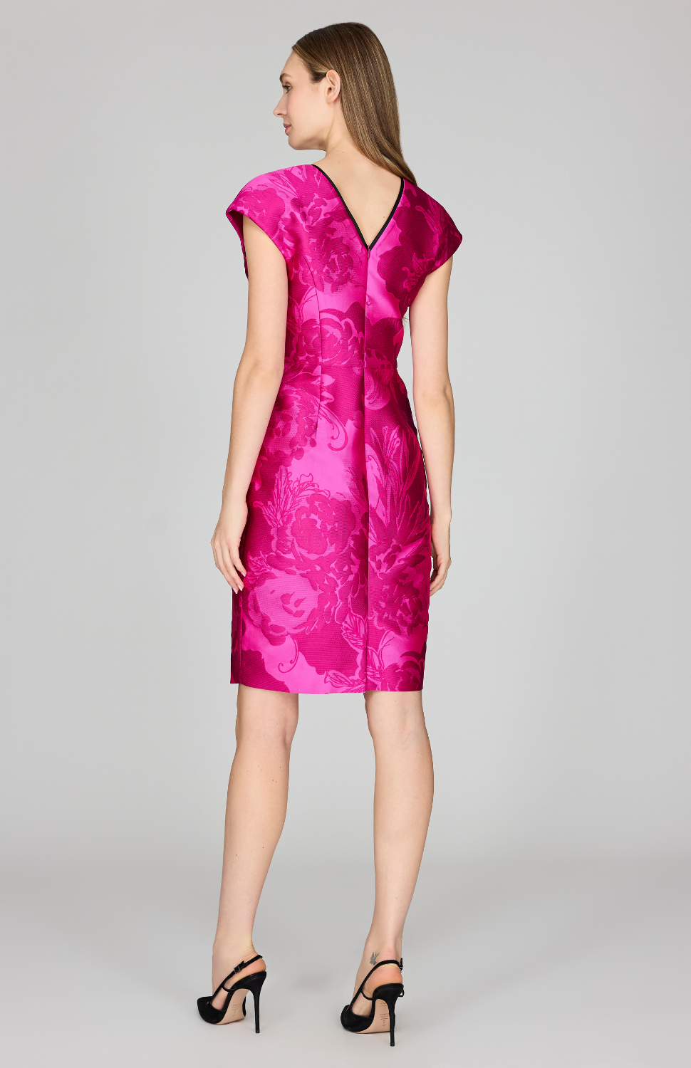 Tonal Flora Jacquard Cap Sleeve Fitted Dress