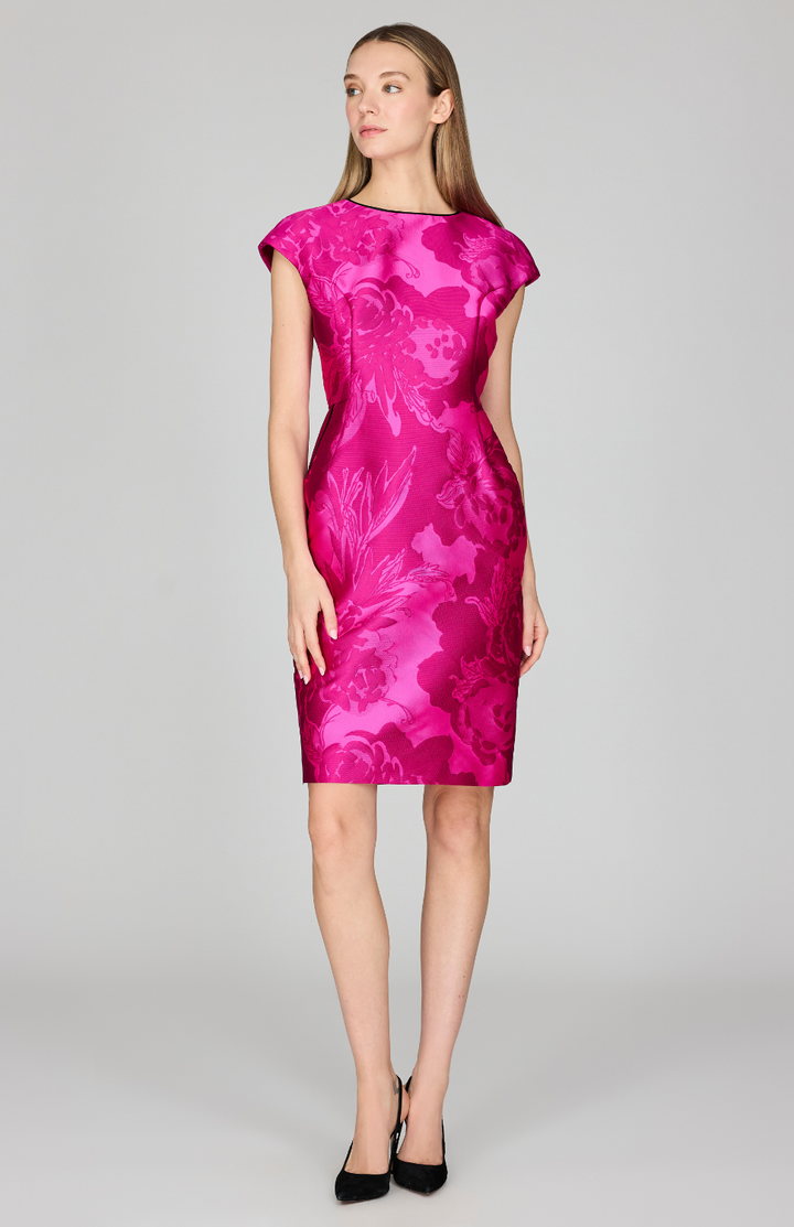 Tonal Flora Jacquard Cap Sleeve Fitted Dress