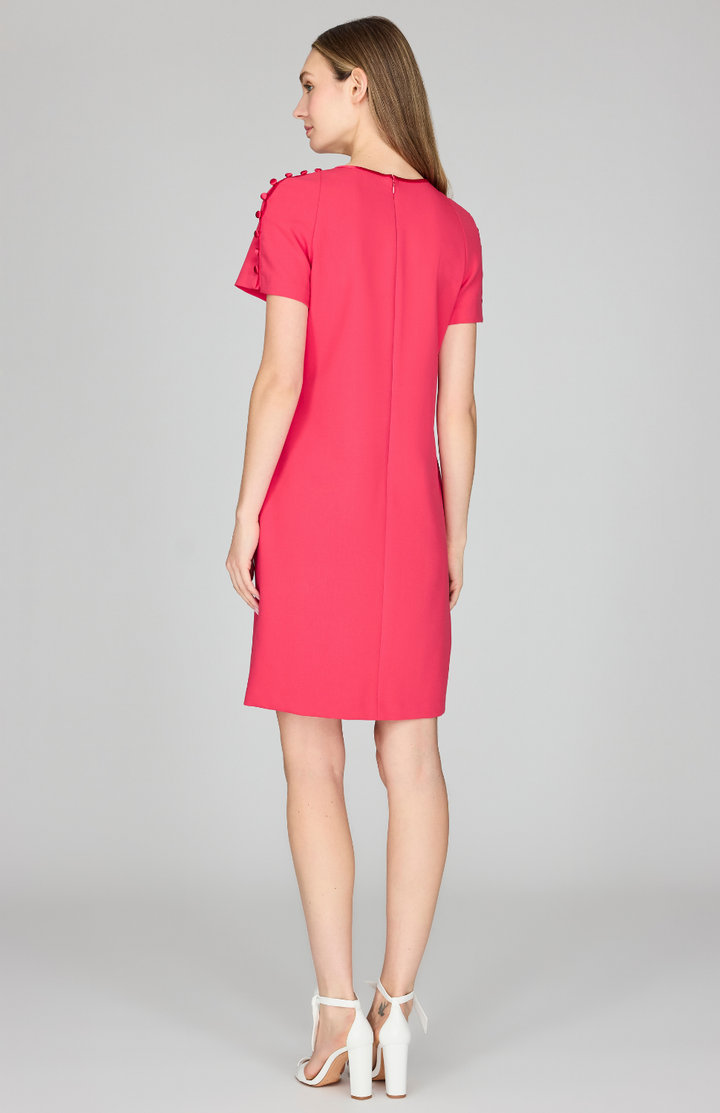 Lightweight Stretch Base Short Sleeve Shift Dress w/ Button Detail