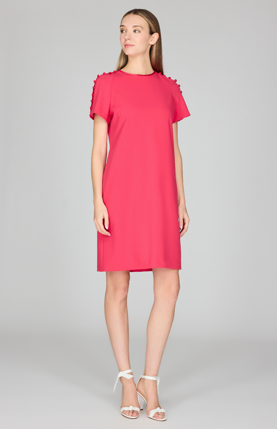 Lightweight Stretch Base Short Sleeve Shift Dress w/ Button Detail 4 / Glow UY Lightweight Stretch Base Short Sleeve Shift Dress w/ Button Detail 4 / Glow UY