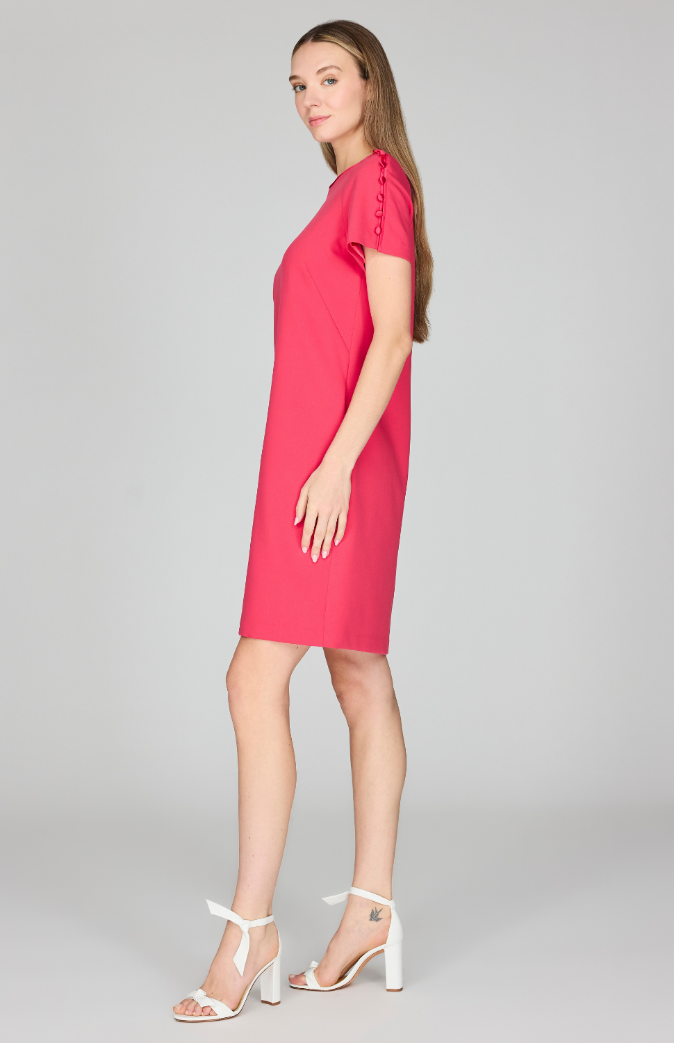Lightweight Stretch Base Short Sleeve Shift Dress w/ Button Detail