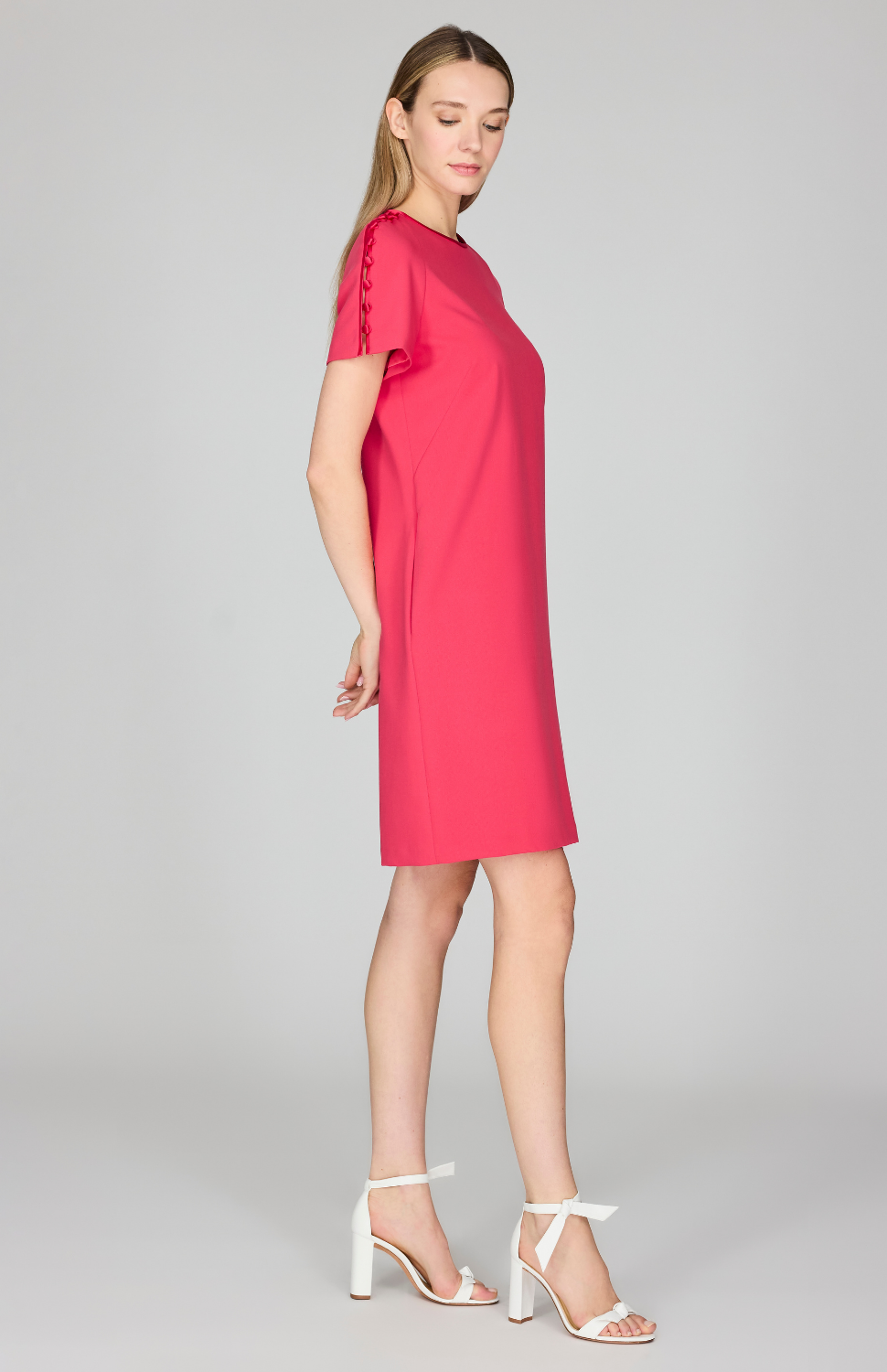 Lightweight Stretch Base Short Sleeve Shift Dress w/ Button Detail