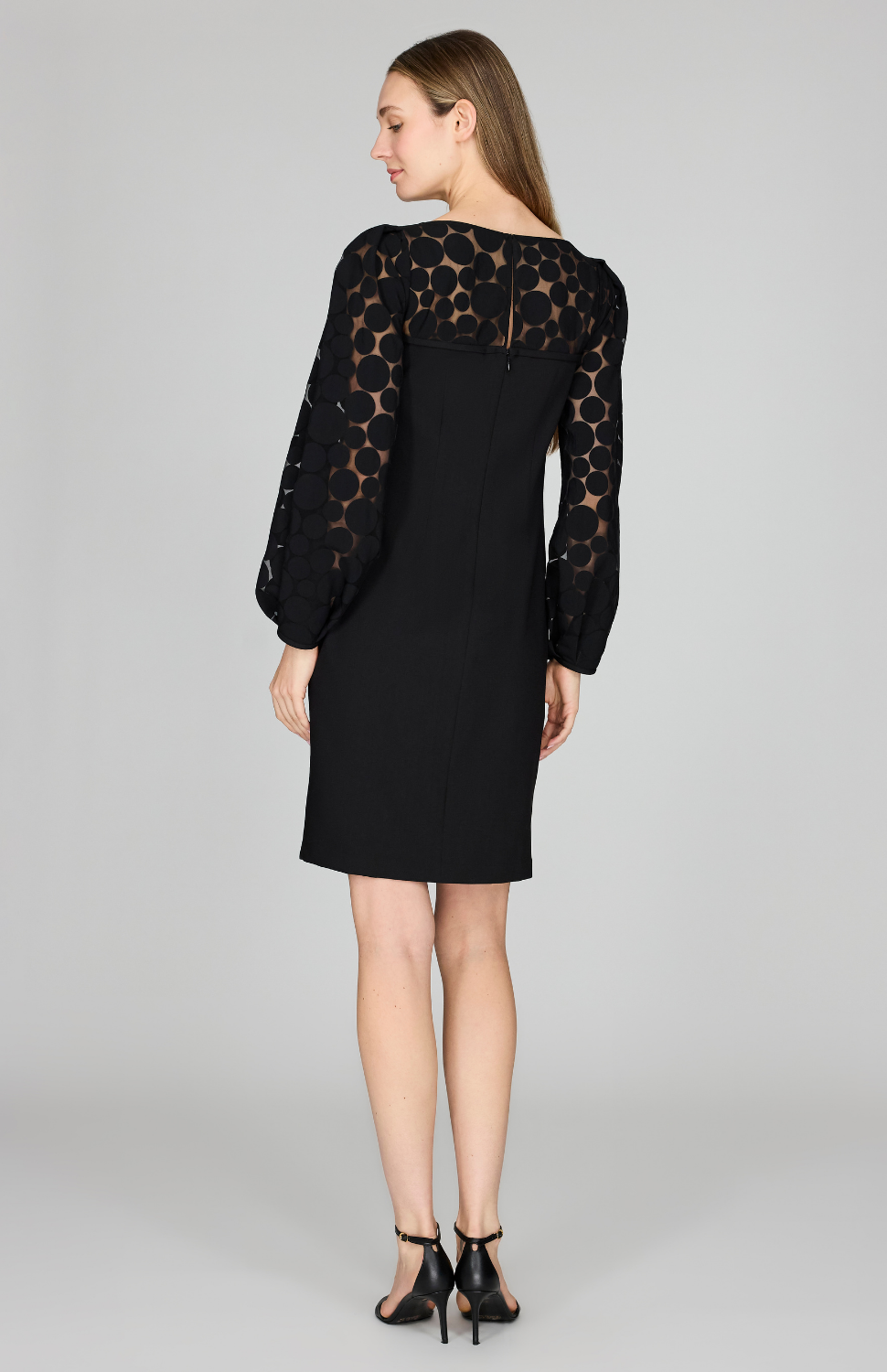 Sheer Dot Shift Dress w/ Long Gathered Sleeve