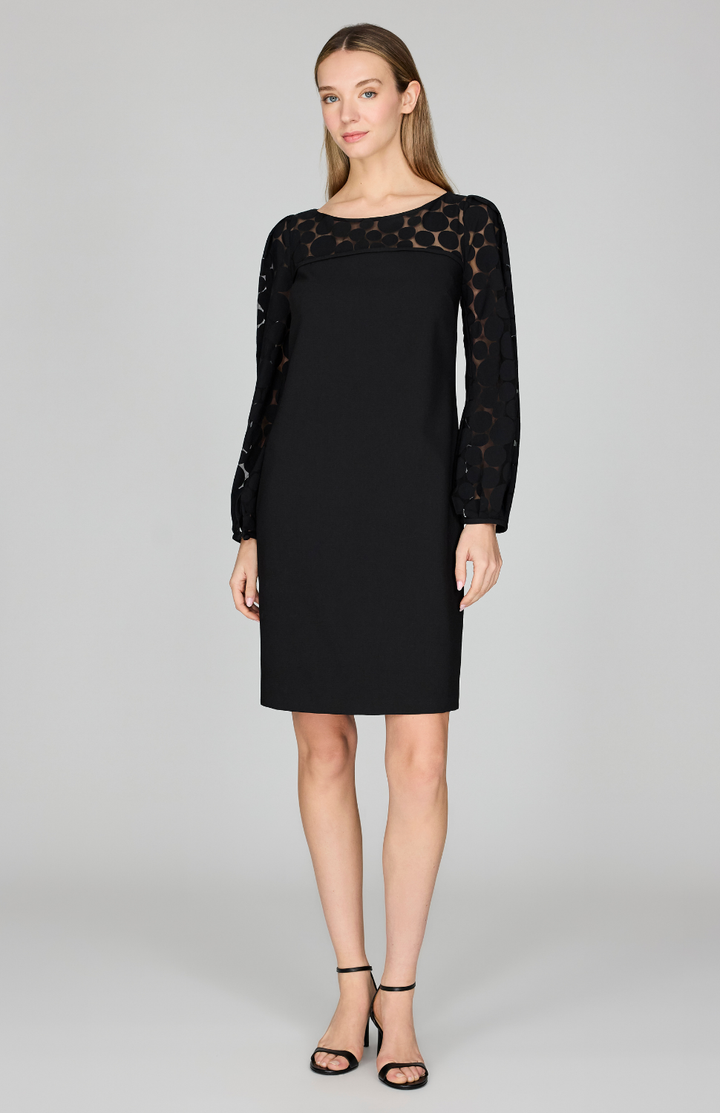 Sheer Dot Shift Dress w/ Long Gathered Sleeve