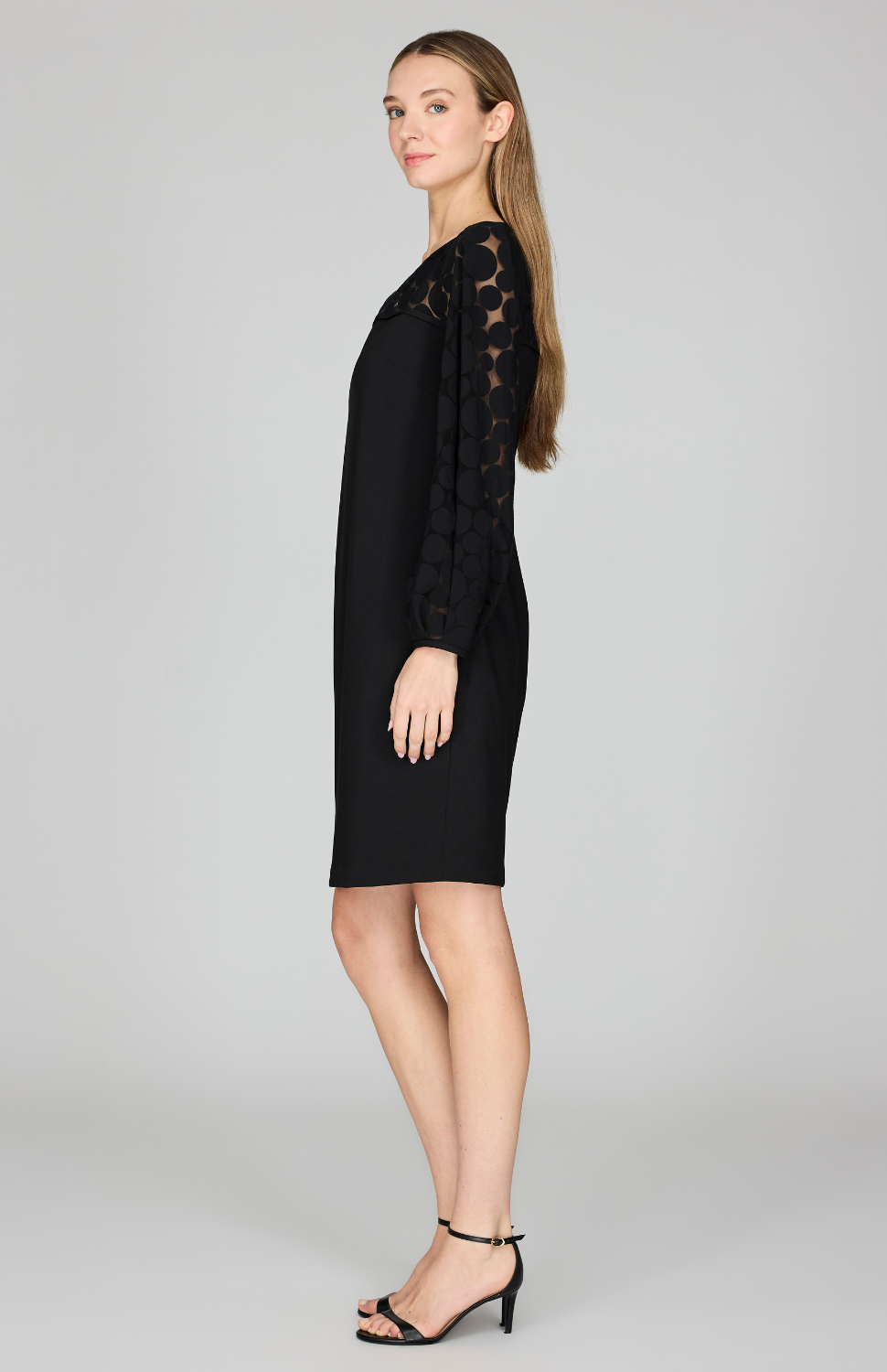 Sheer Dot Shift Dress w/ Long Gathered Sleeve