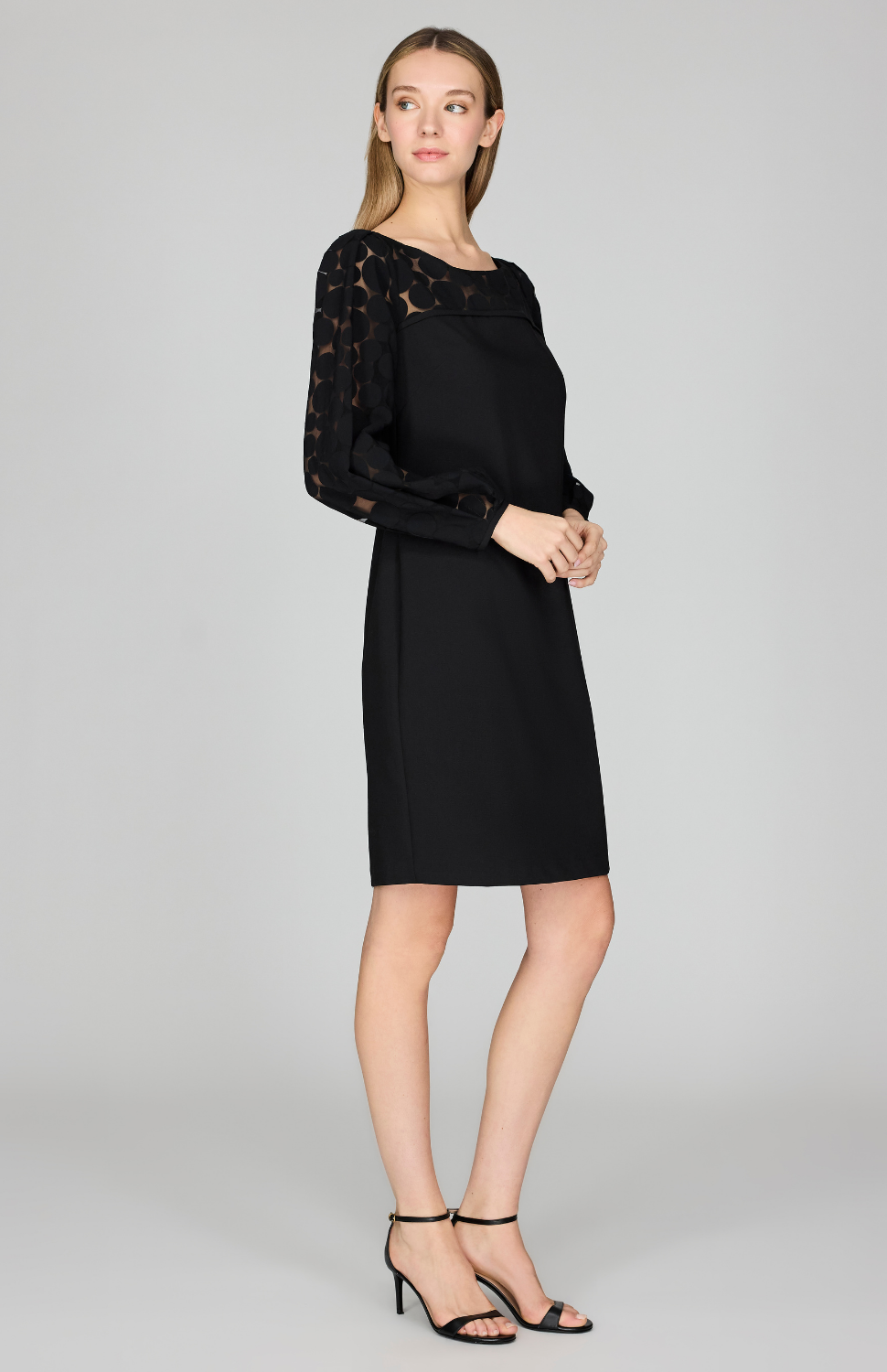Sheer Dot Shift Dress w/ Long Gathered Sleeve