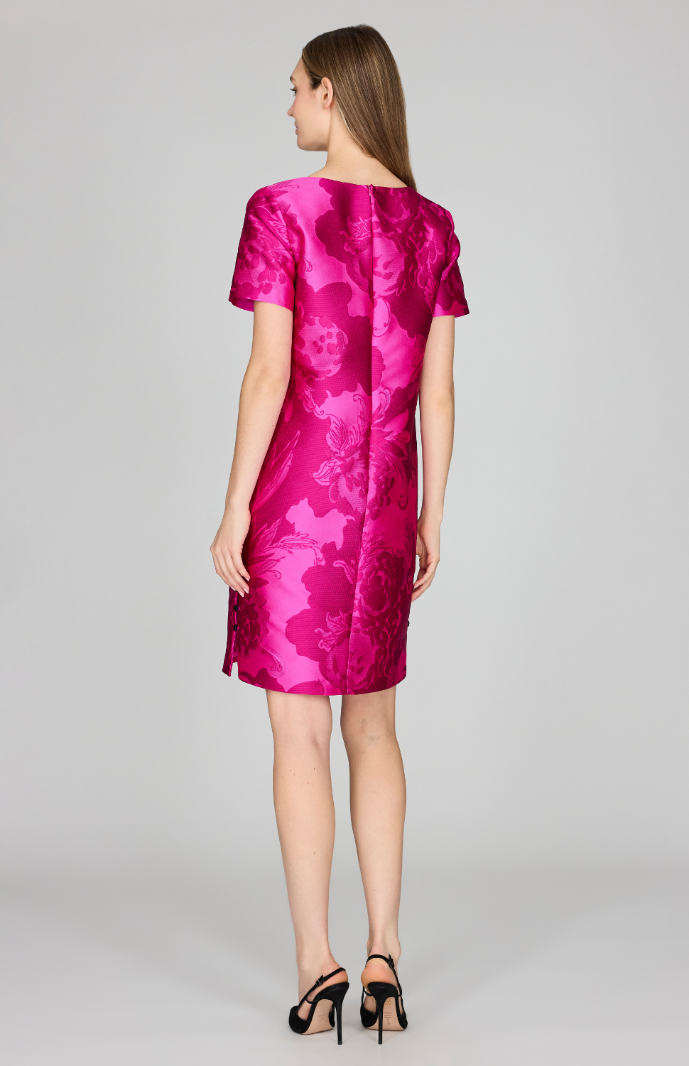 Tonal Flora Jacquard Short Sleeve Shift Dress w/ Button Detail
