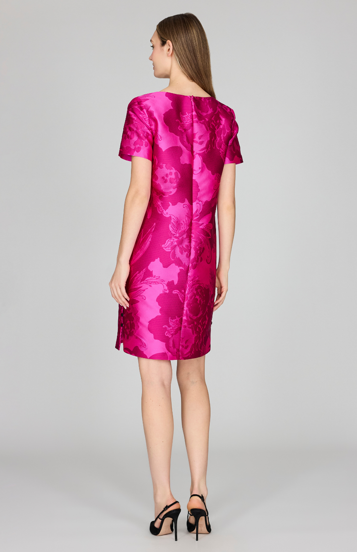 Tonal Flora Jacquard Short Sleeve Shift Dress w/ Button Detail
