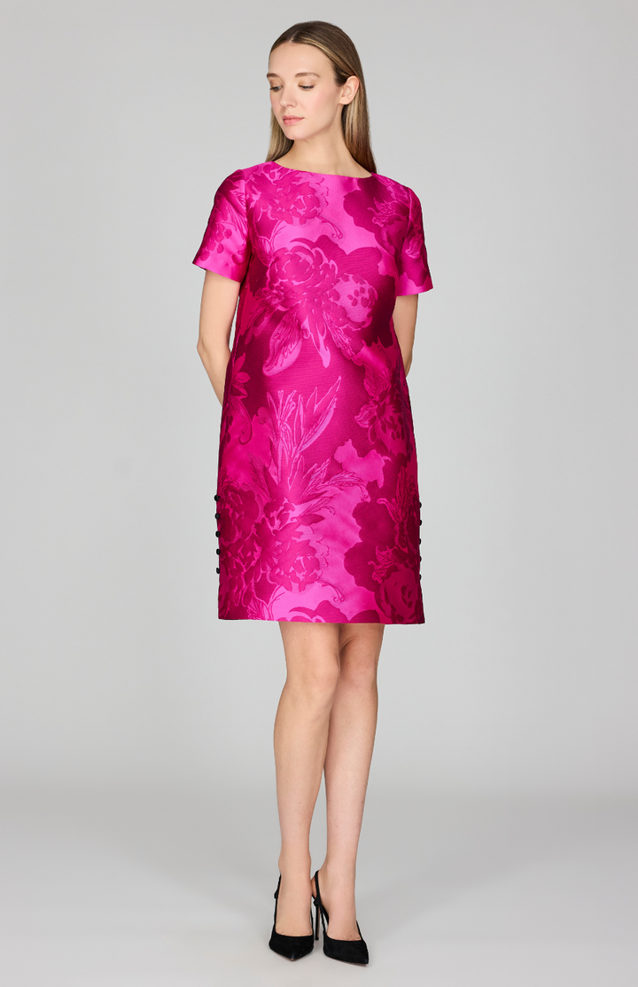Tonal Flora Jacquard Short Sleeve Shift Dress w/ Button Detail