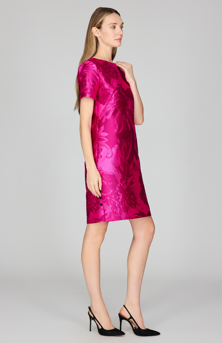 Tonal Flora Jacquard Short Sleeve Shift Dress w/ Button Detail