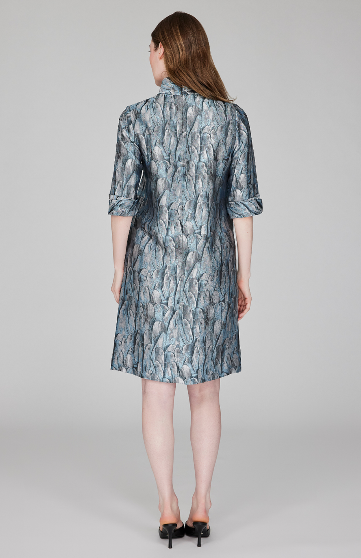 Shimmering Feather Jacquard Short Sleeve Shift Dress w/ Twist Neck &amp; Cuff