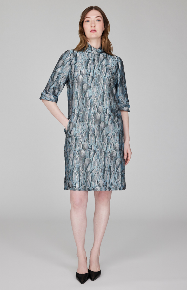 Shimmering Feather Jacquard Short Sleeve Shift Dress w/ Twist Neck &amp; Cuff