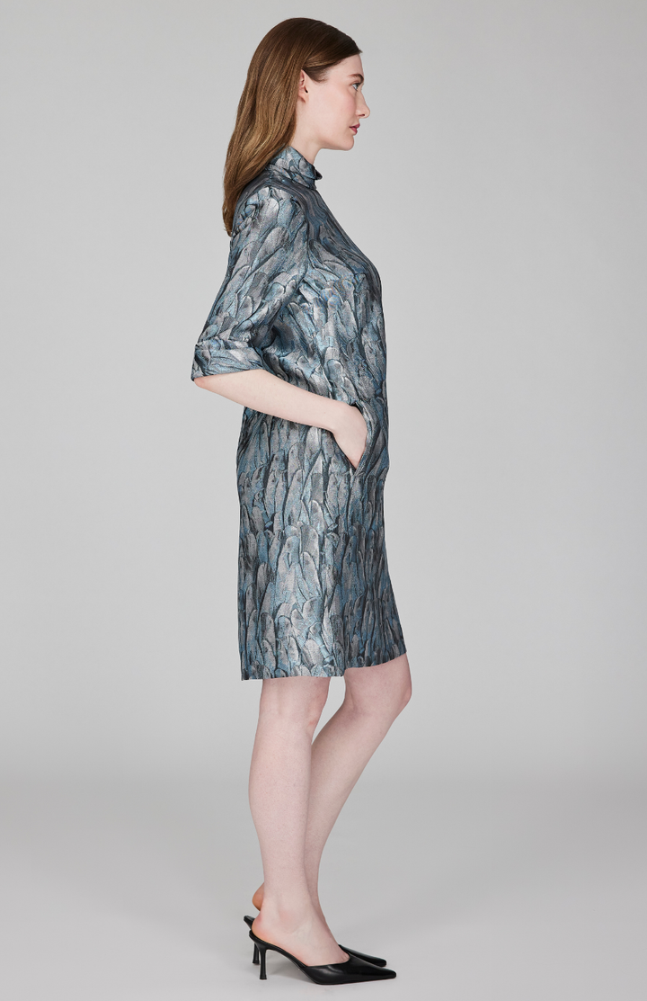 Shimmering Feather Jacquard Short Sleeve Shift Dress w/ Twist Neck &amp; Cuff