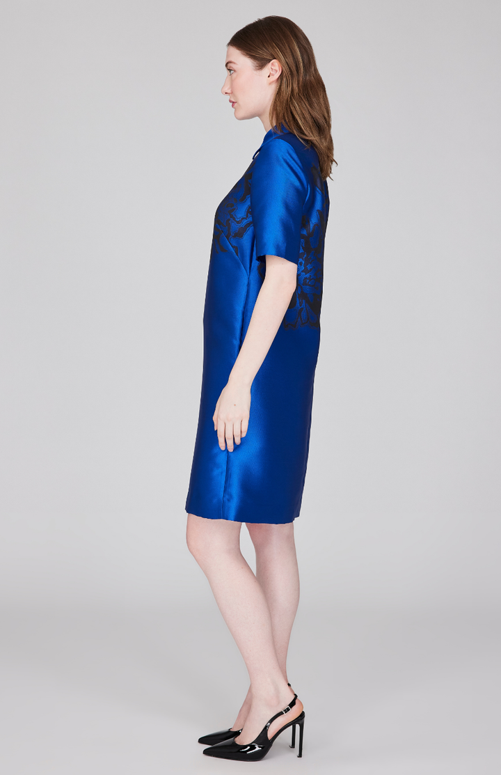 Calligraphic Flora Jacquard Short Sleeve Collared Shift Dress
