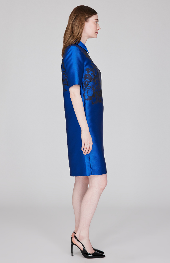 Calligraphic Flora Jacquard Short Sleeve Collared Shift Dress