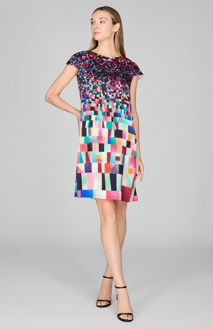Bojagi Print Silk Cap Sleeve Trapeze Dress
