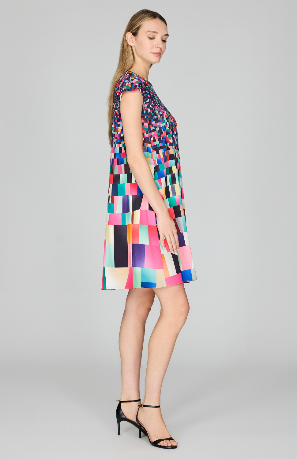 Bojagi Print Silk Cap Sleeve Trapeze Dress