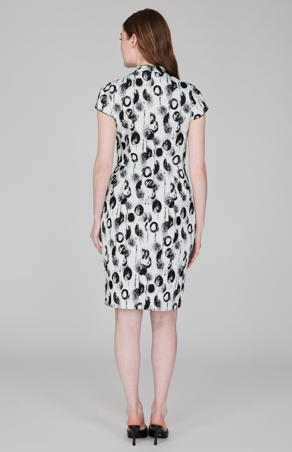Contrast Dot Stretch Jacquard High Neck Fitted Dress w/ Cap Sleeves