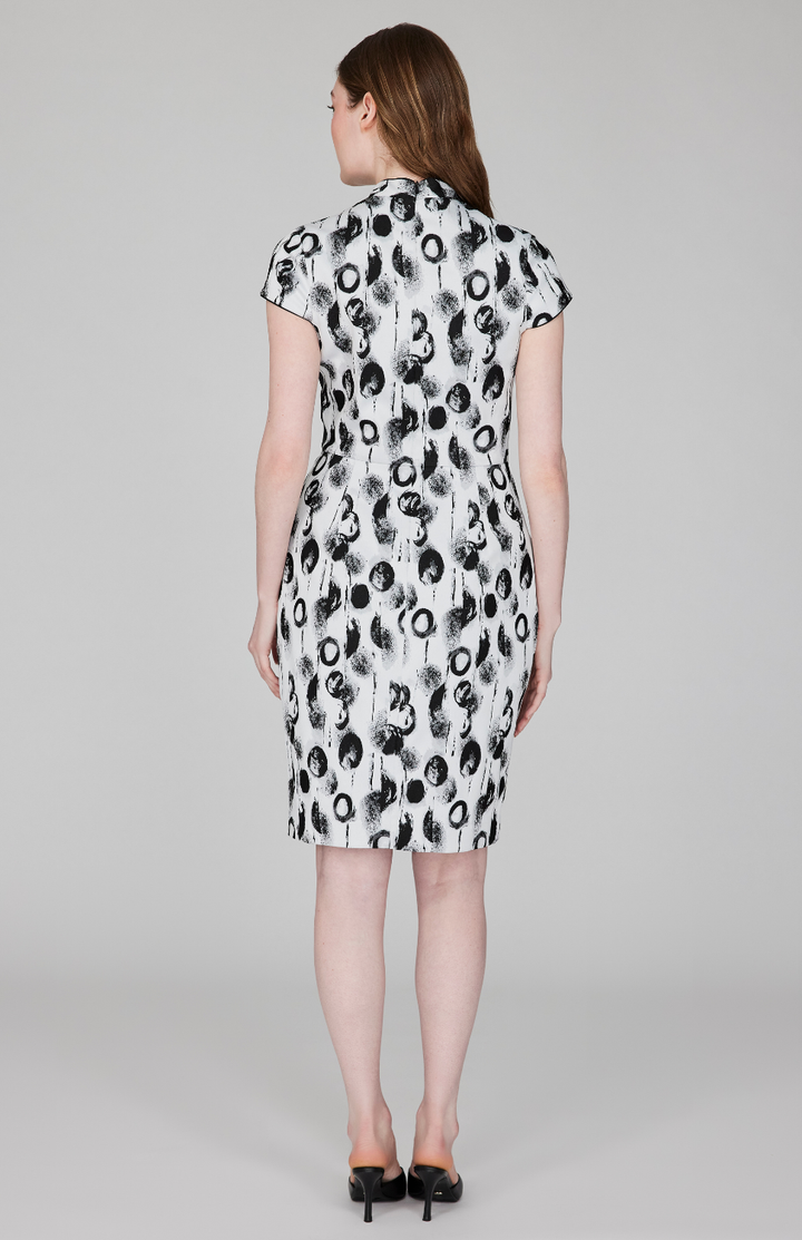Contrast Dot Stretch Jacquard High Neck Fitted Dress w/ Cap Sleeves