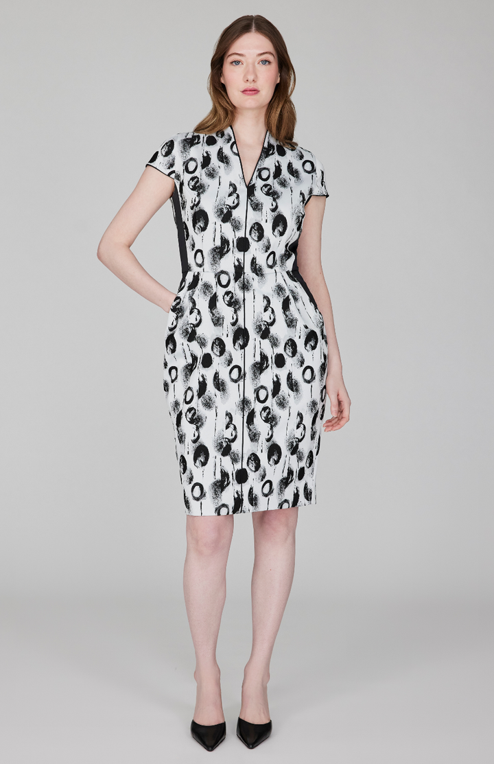Contrast Dot Stretch Jacquard High Neck Fitted Dress w/ Cap Sleeves