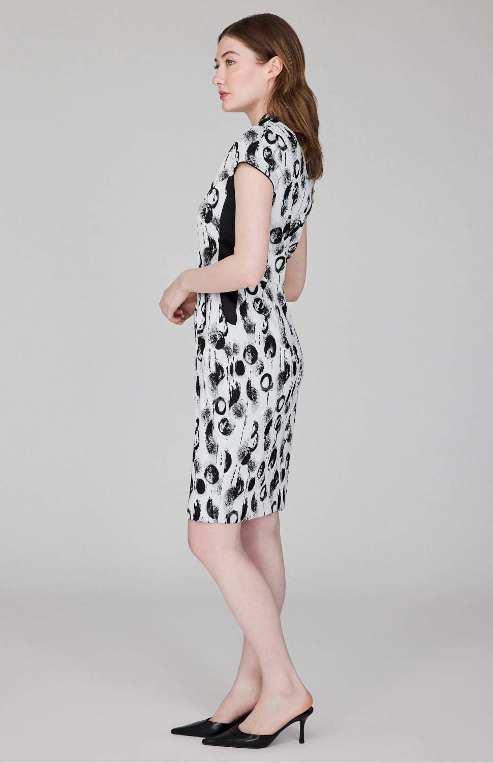 Contrast Dot Stretch Jacquard High Neck Fitted Dress w/ Cap Sleeves