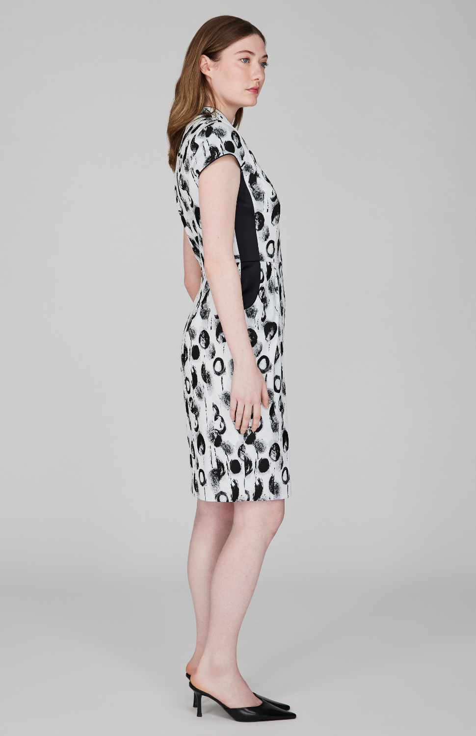 Contrast Dot Stretch Jacquard High Neck Fitted Dress w/ Cap Sleeves