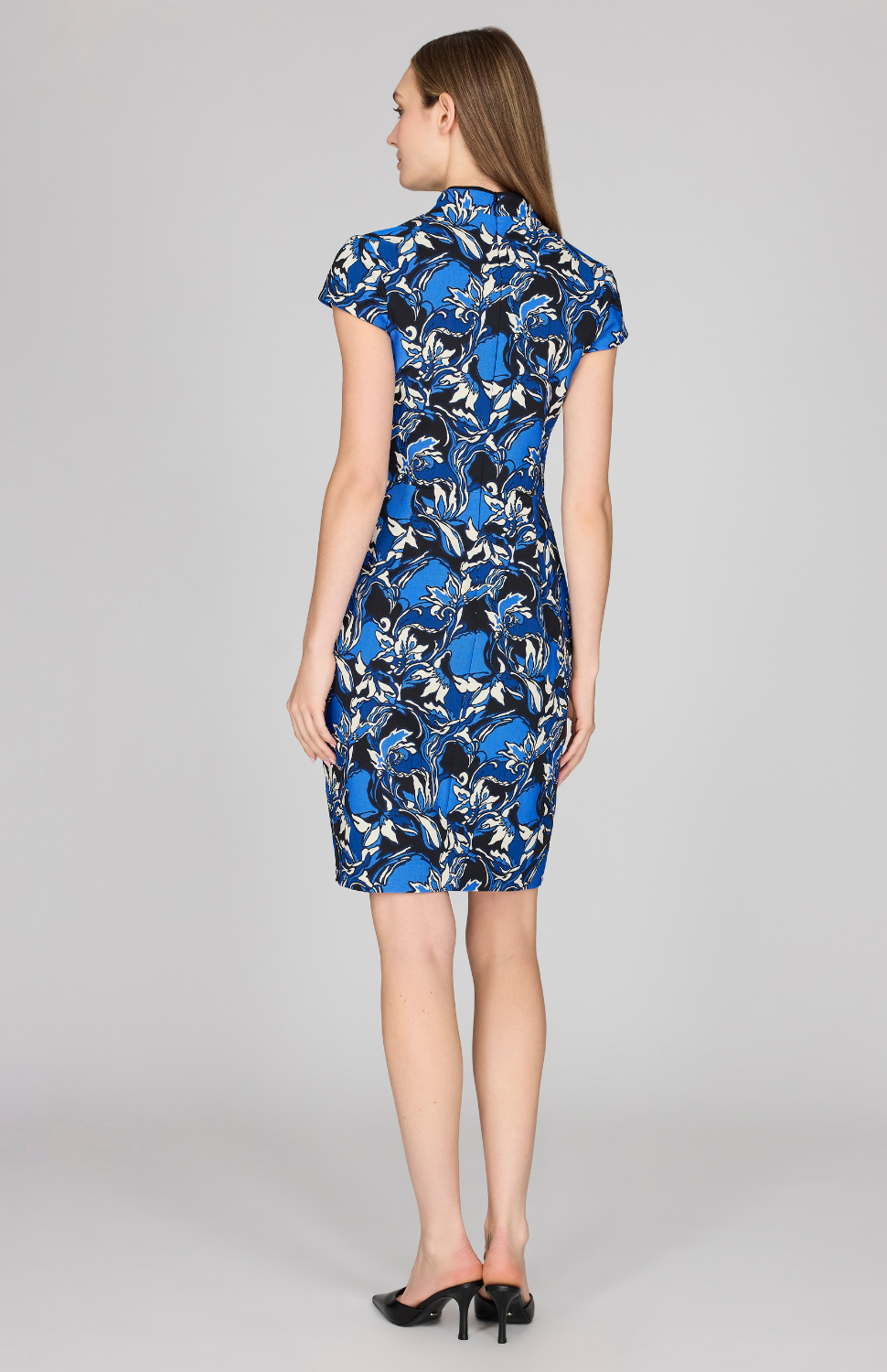 Floral Stretch Jacquard High Neck Dress w/ Cap Sleeves