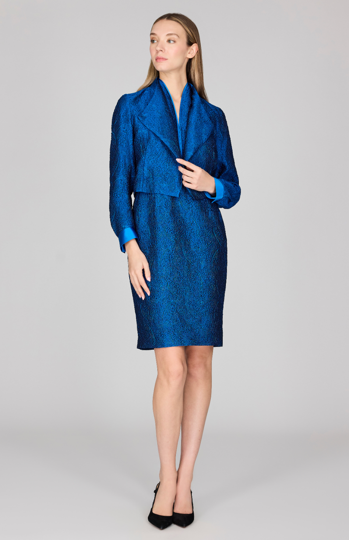 Textural Organza Short Fitted Dress w/ High Neck