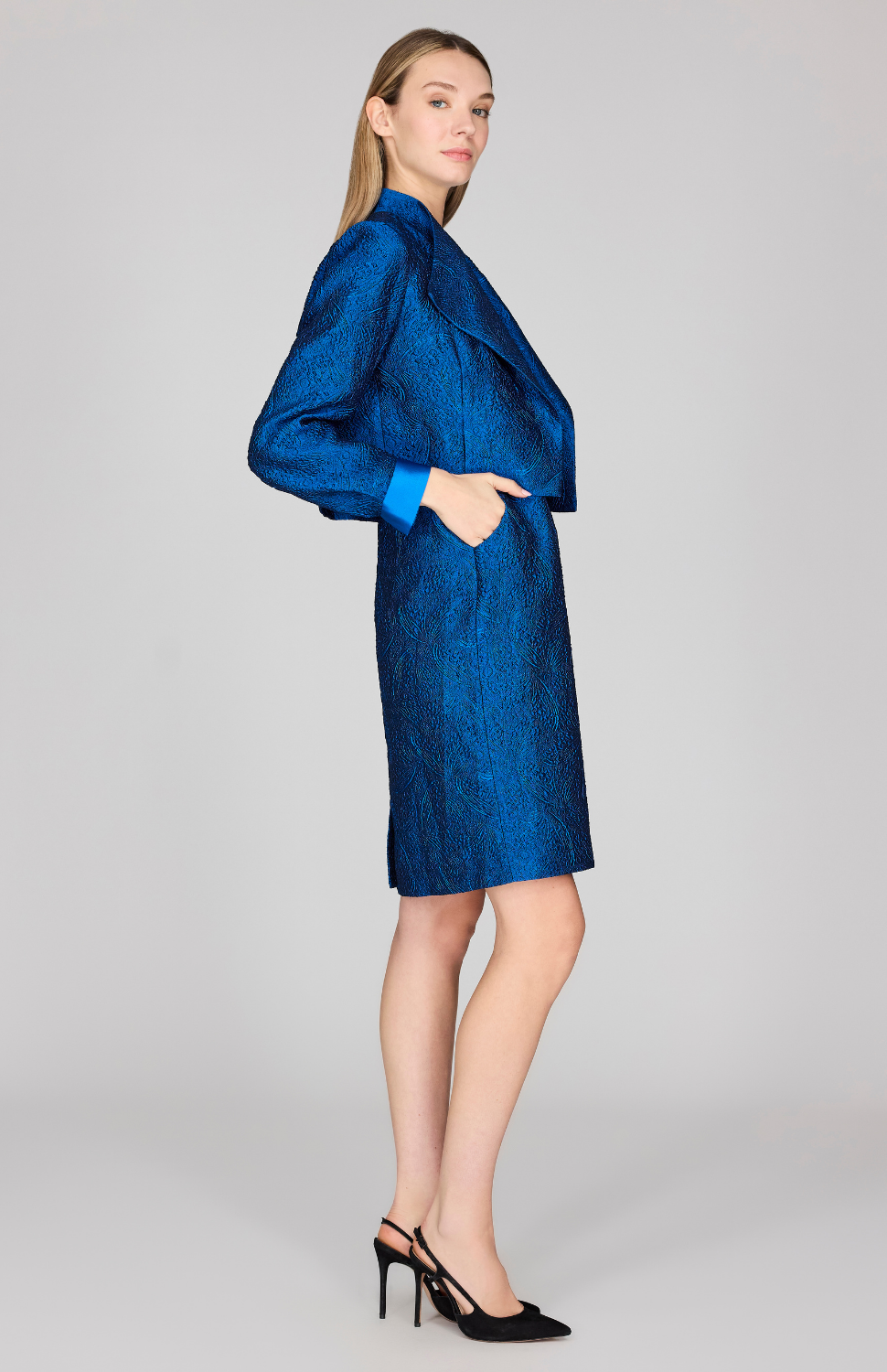 Textural Organza Short Jacket w/ Pleat Sleeve