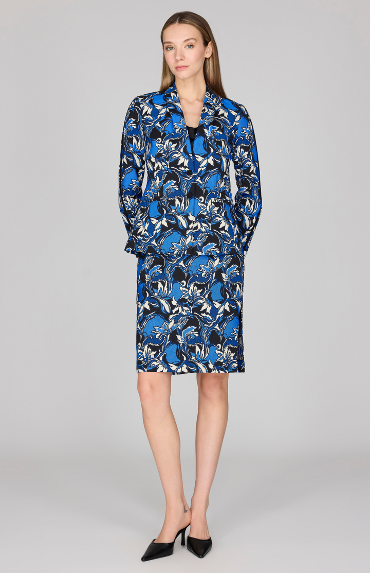 Floral Stretch Jacquard Narrow Skirt w/ Side Slit & Underskirt