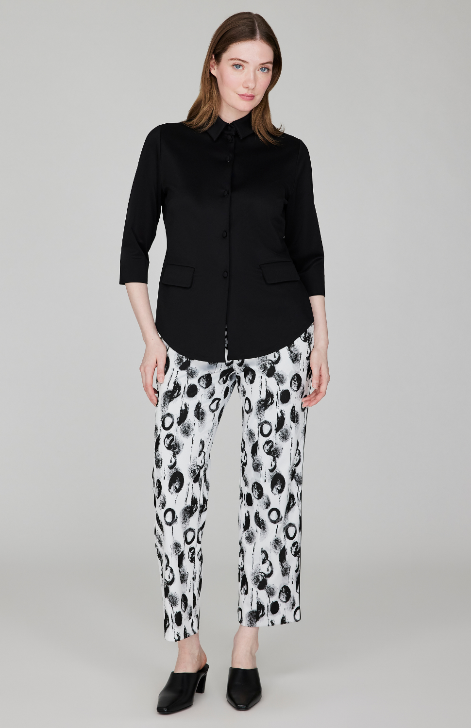Contrast Dot Stretch Jacquard Straight Leg Pant w/ Back Zip