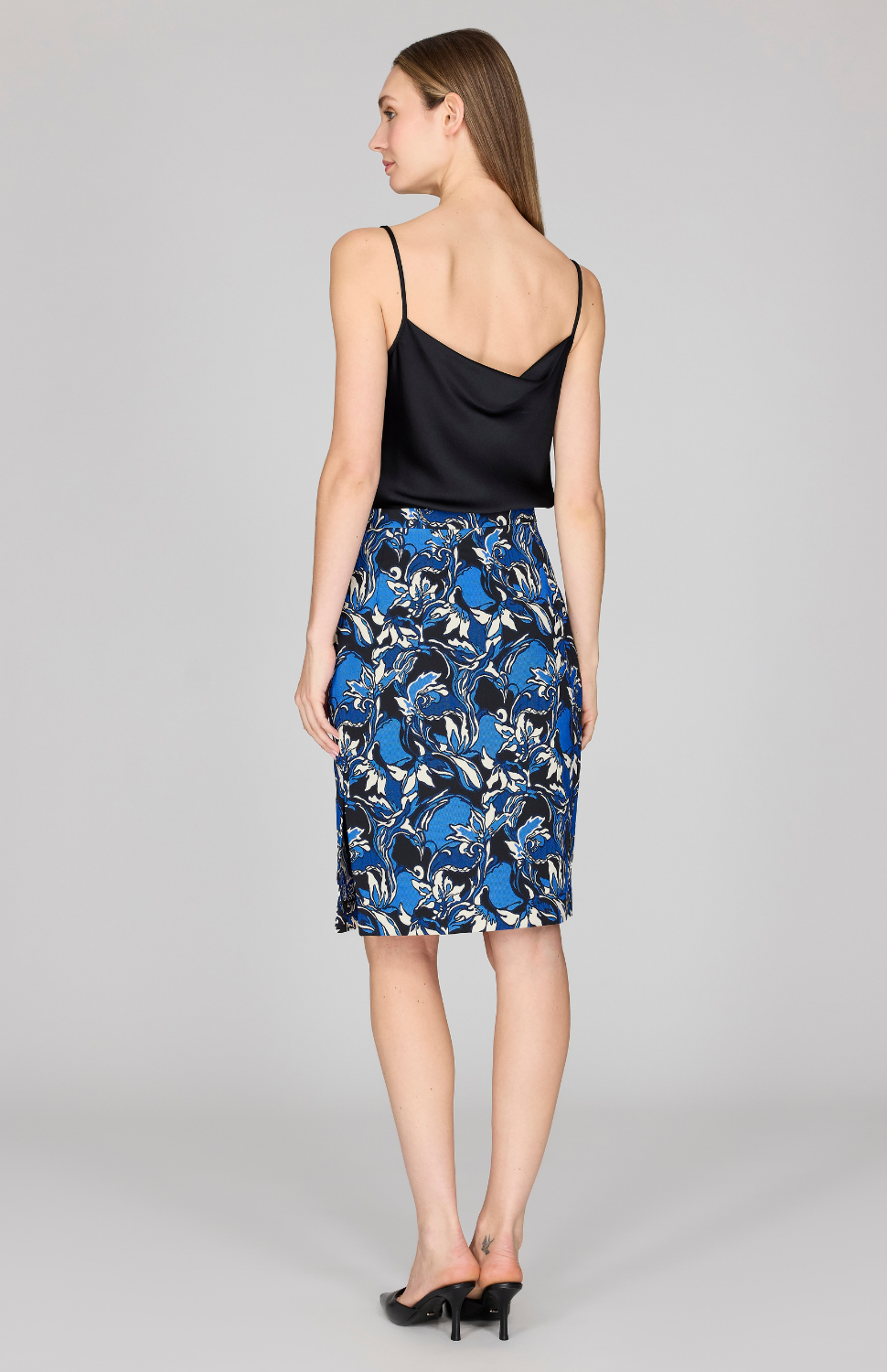 Floral Stretch Jacquard Narrow Skirt w/ Side Slit & Underskirt