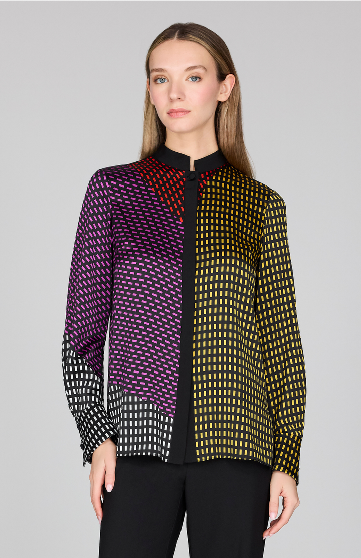 Stitch Print Silk Mandarin Collar Blouse w/ Relaxed Sleeve