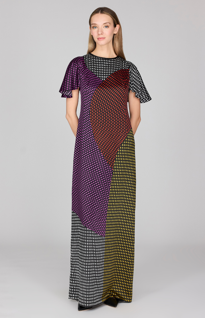 Stitch Print Silk Flutter Sleeve Gown