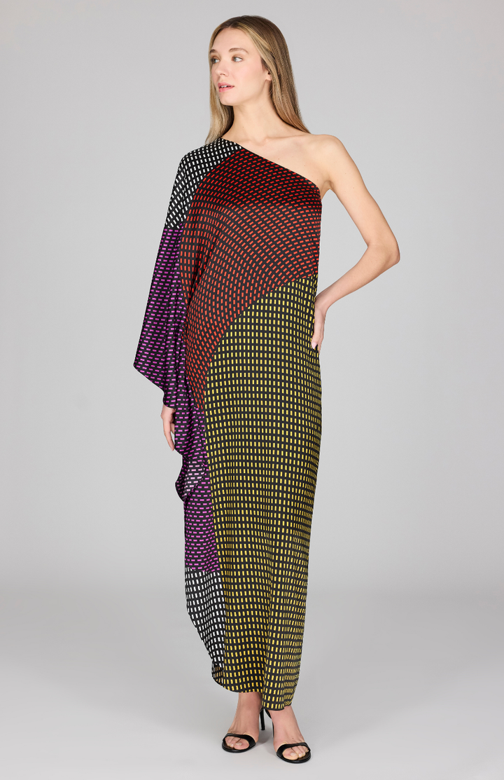 Stitch Print Silk One Shoulder Cascade Gown