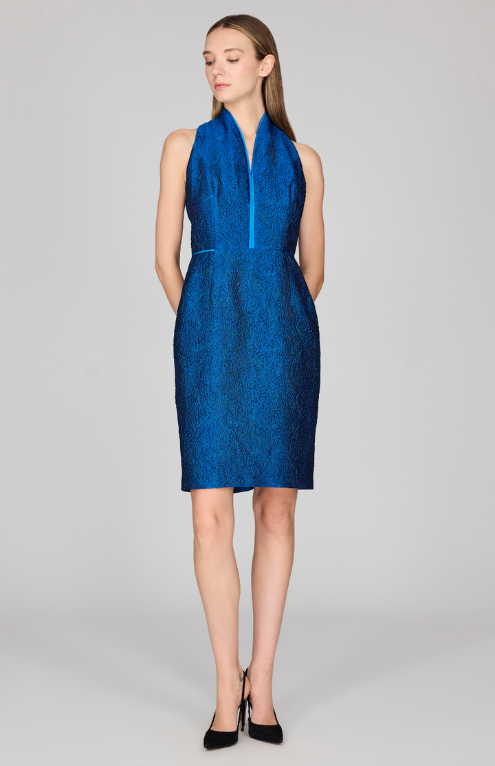 Textural Organza Short Fitted Dress w/ High Neck
